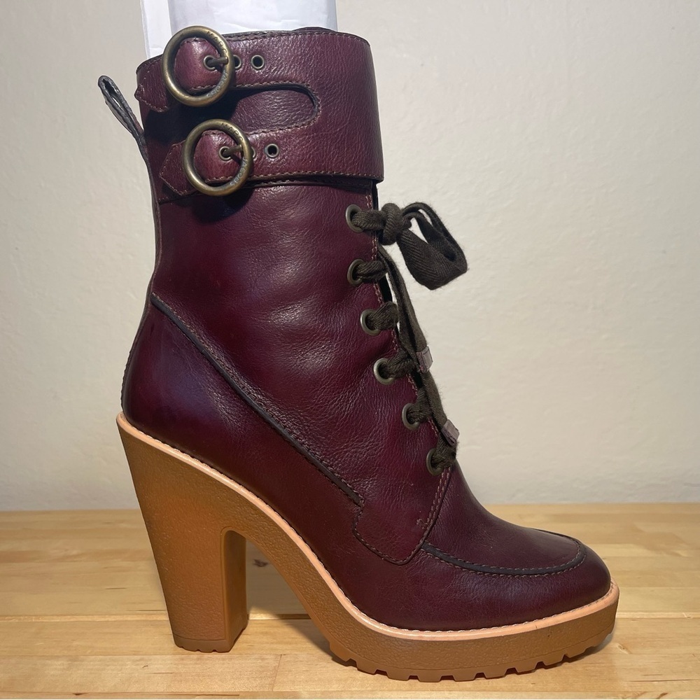 Marc by Marc Jacobs Burgundy Leather Lace-Up Block Heel Ankle Boots Buckle